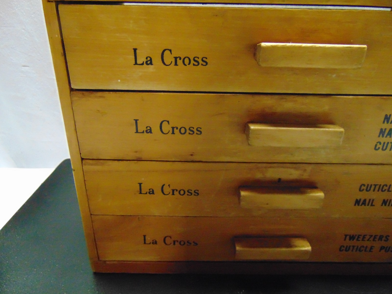 Vintage La Cross Nail Supply Store Display wooden Box 4 shelfs 8″ x 6.5″ x 11″