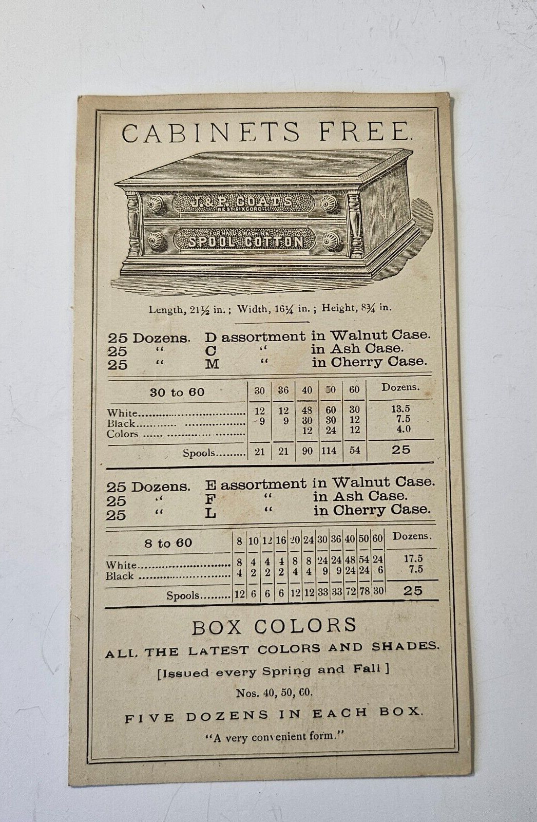 Rare Late 1800’s Trade Card To Businesses J&P Coats Thread Free Cabinets Offers