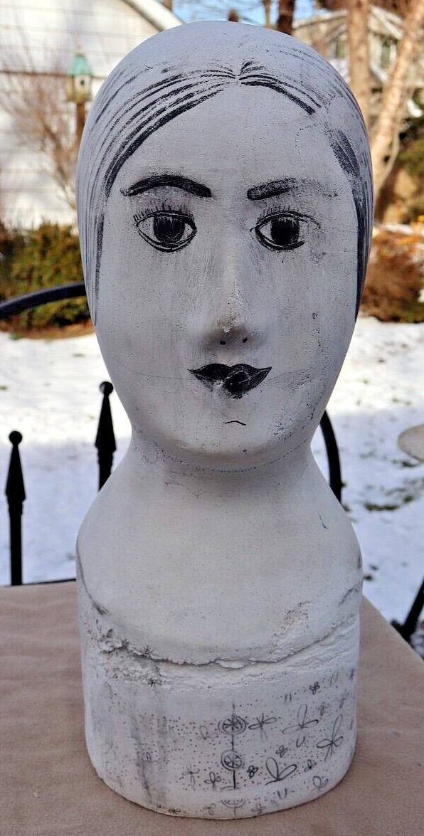 ANTIQUE HAND PAINTED MILLINERY HEAD Plaster Store Display Primitive Hat Mannequi