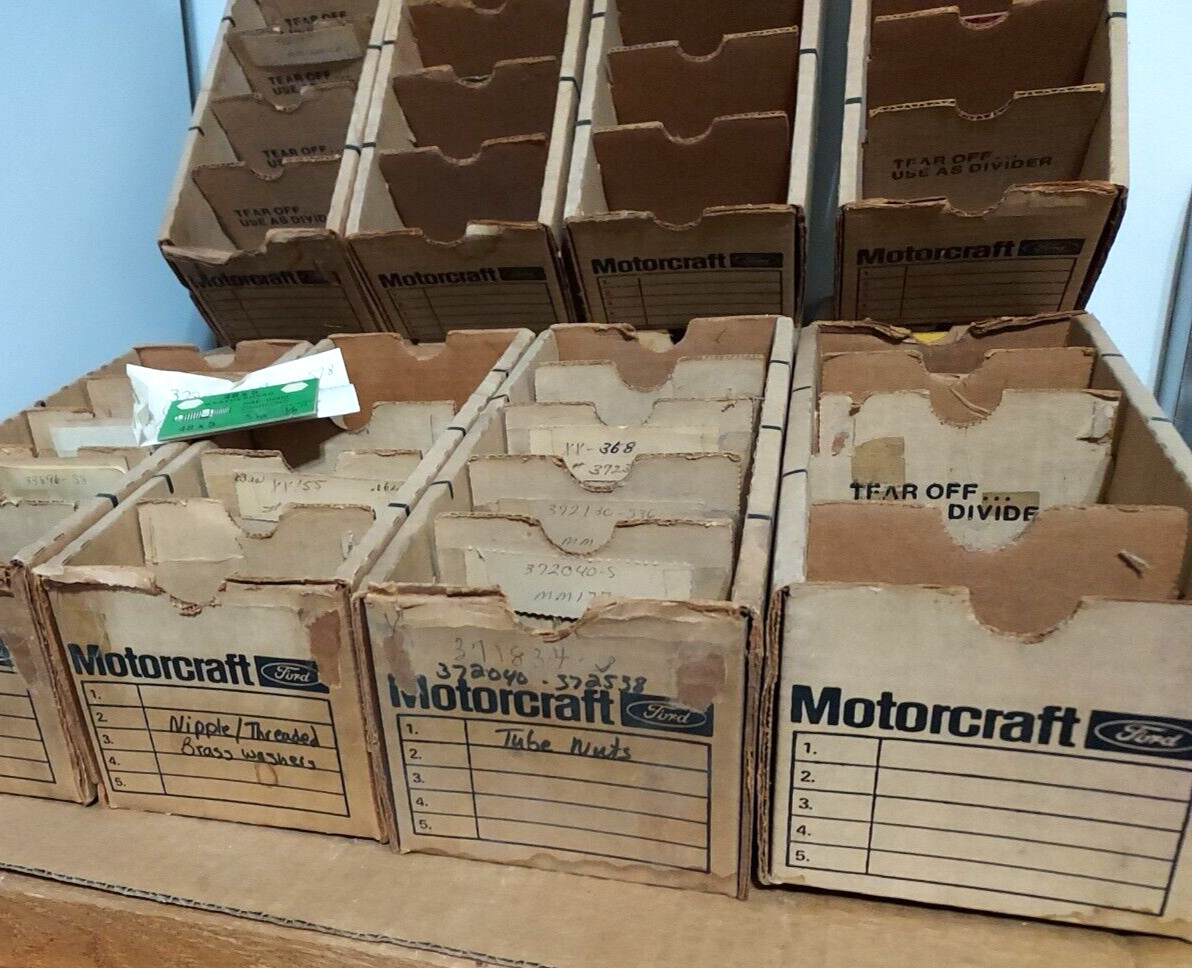 12 VINTAGE MOTORCRAFT AUTOMOTIVE PARTS CARDBOARD STORAGE DISPLAY BINS 11x5x4″