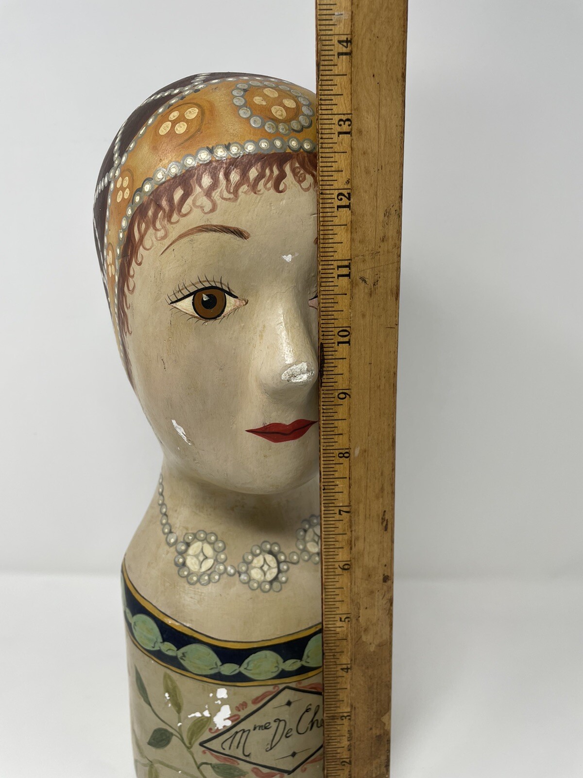 Vintage Hand Painted Millinery Plaster Head- Mme De Chelles French Display HATS
