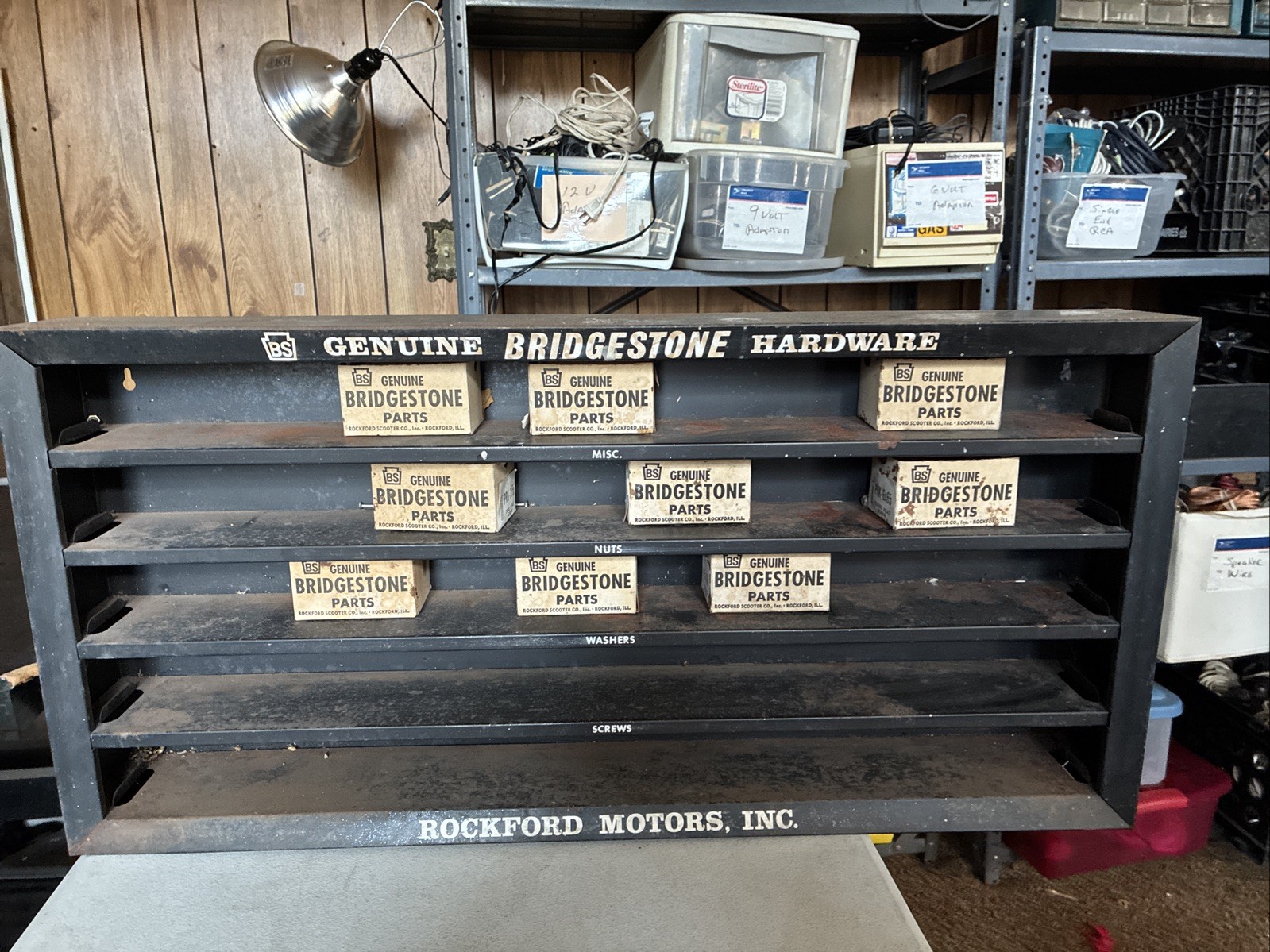 1960’s Vintage Rockford Motors Genuine Bridgestone Hardware Cabinet