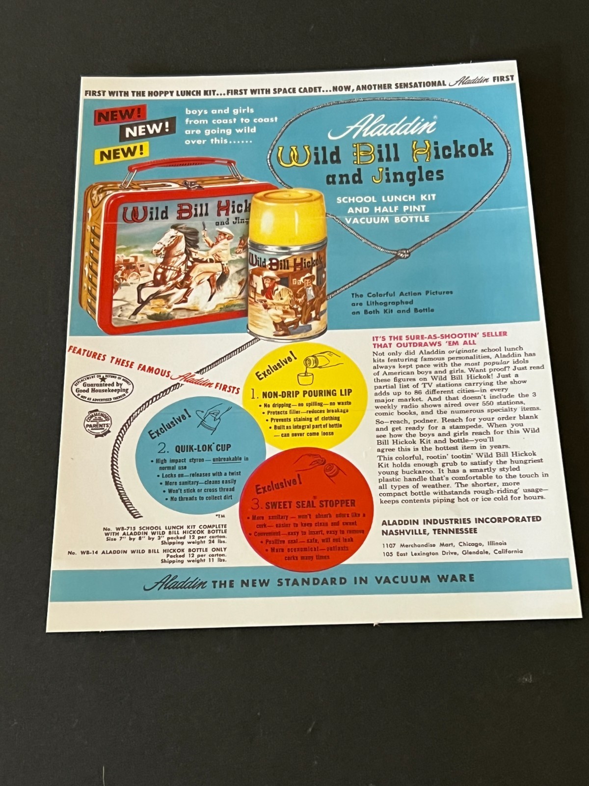1955 Aladdin Wild Bill Hickok & Jingles School Luch Kit In store Display Sign-