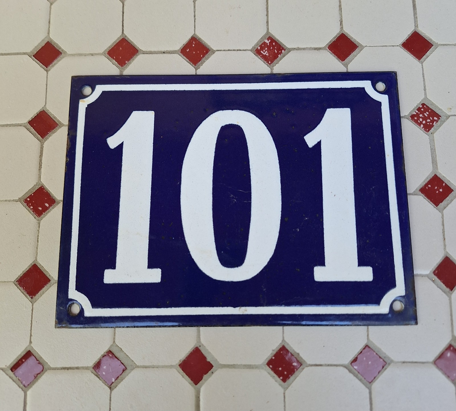 Large Antique Enameled Plaque Street Number 101 20X15cm Navy Blue Enamel