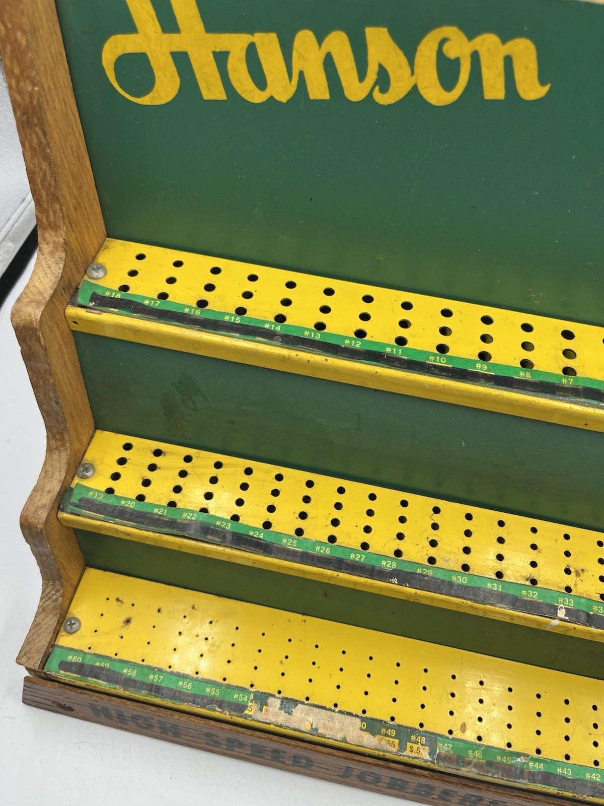 Vintage Oak Wood Hardware Store Display Hanson HIGH SPEED JOBBERS DRILLS SEE