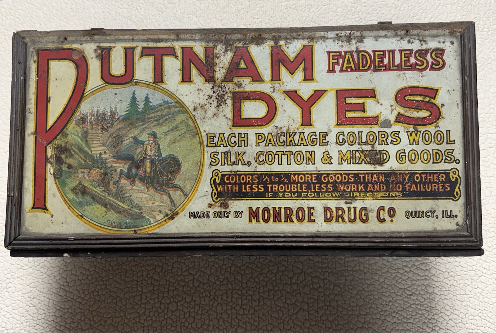 Vintage Putnam Dyes Monroe Drug Co Quincy IL Hinged Box Store Display 21″ x 10″