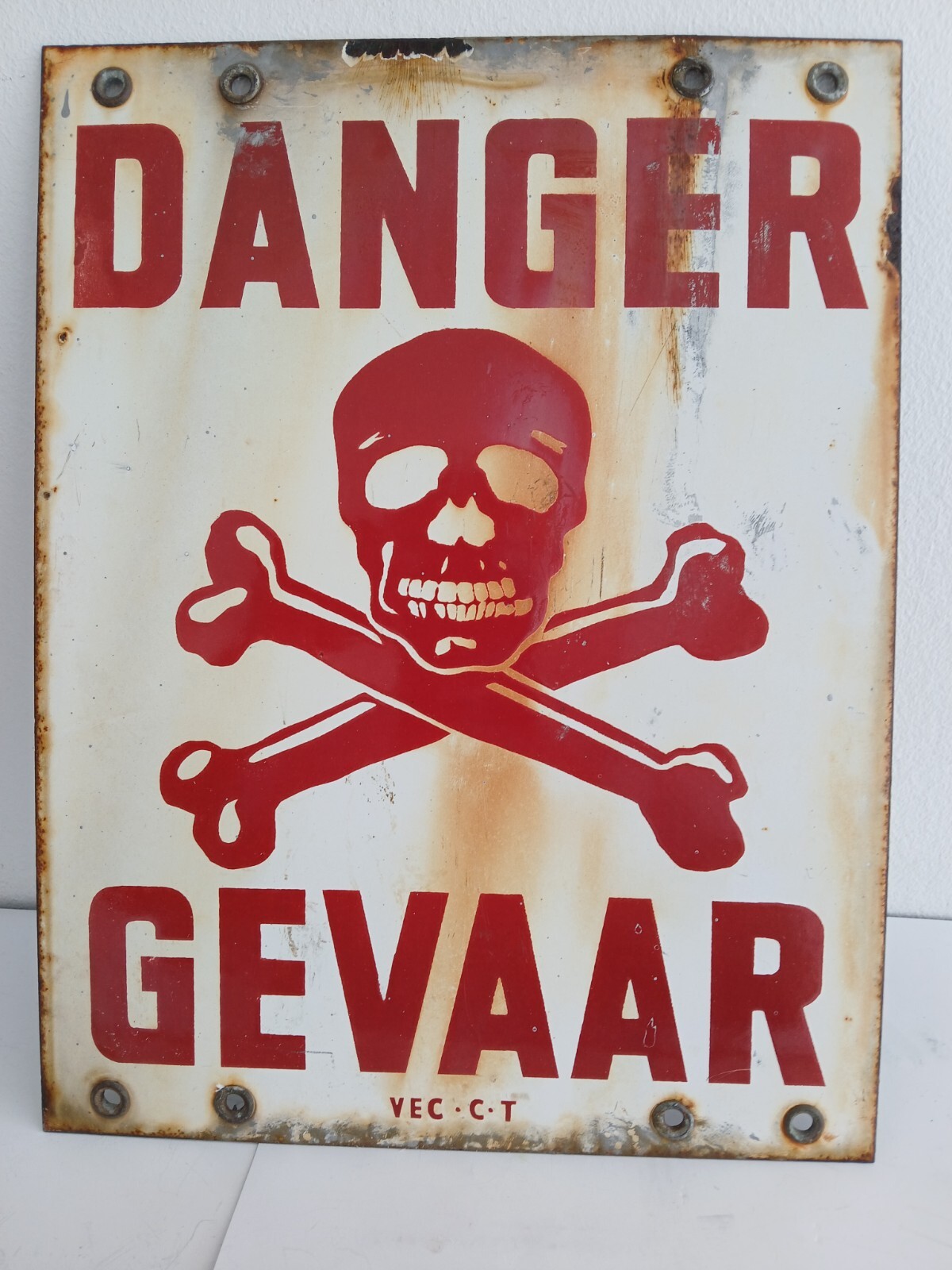 ENGLISH SIGN DANGER DANGER SIGN metal and porcelain enameled 1950s with skull