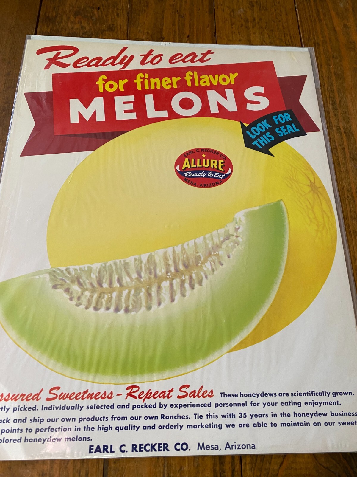 1954 Unused Allure Melon Cardboard Store Advertising Sign NOS