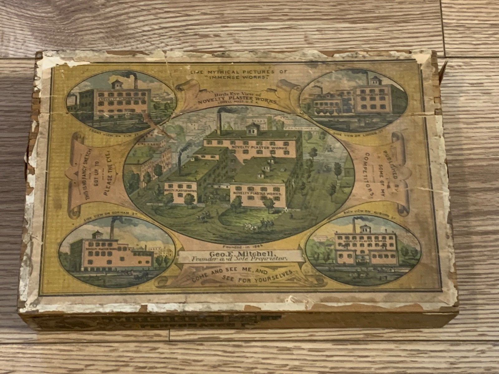 Late 1800s Mitchell’s Perforated Plaster Wood Advertising Drawer Box Drugstore