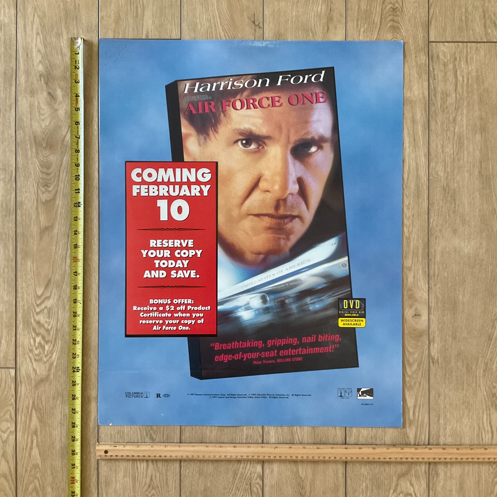 AIR FORCE ONE 1998 VHS / DVD Home Video Release Store Display Promo Sign 22×28