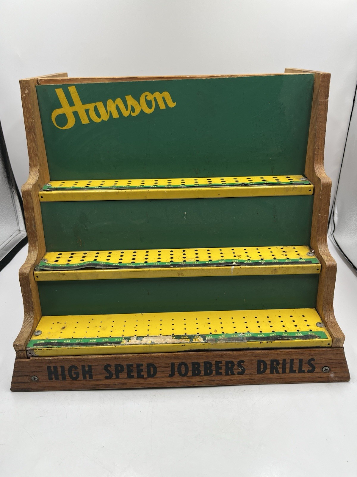 Vintage Oak Wood Hardware Store Display Hanson HIGH SPEED JOBBERS DRILLS SEE