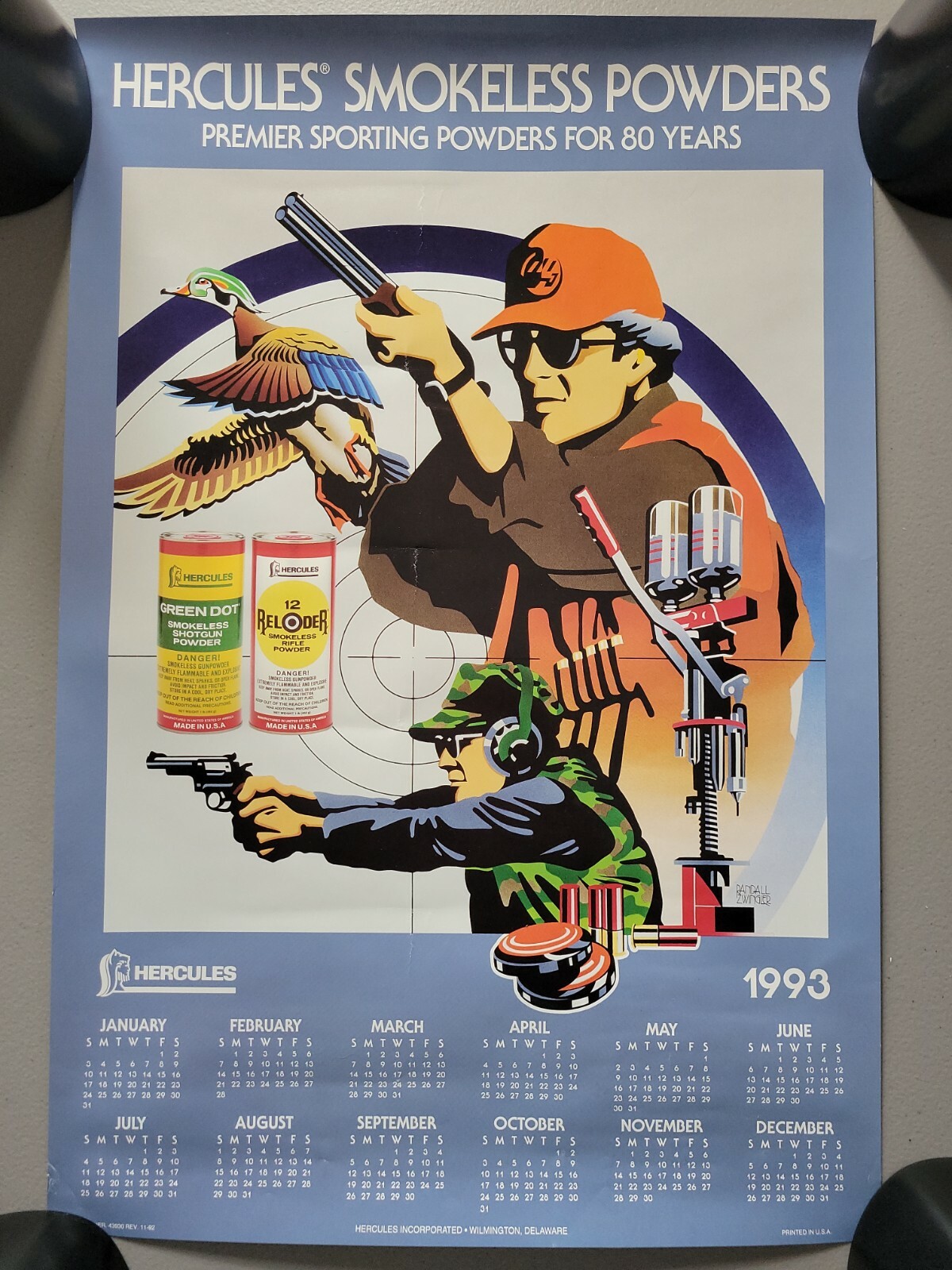Vintage Hercules Smokeless Powders Calender Gun Store Display Advertising Poster