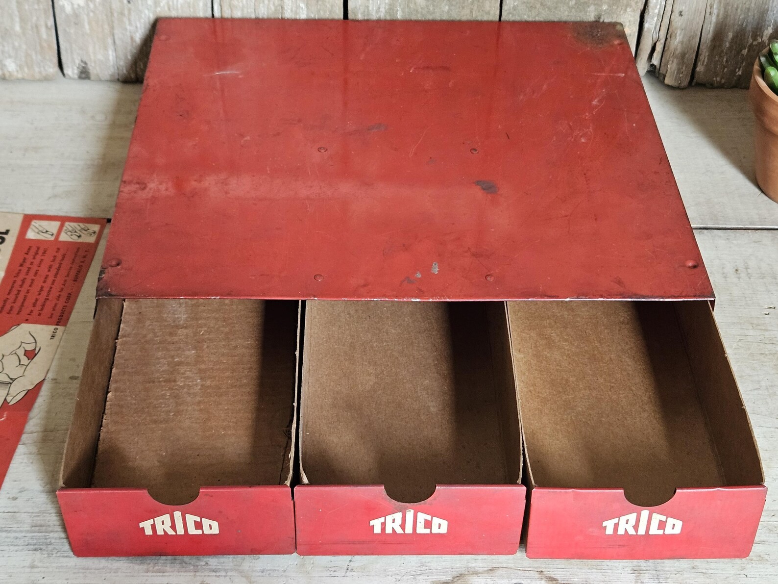 Vintage Trico Red Metal Box with Drawers, Red Car Parts Bin, Auto Store Display