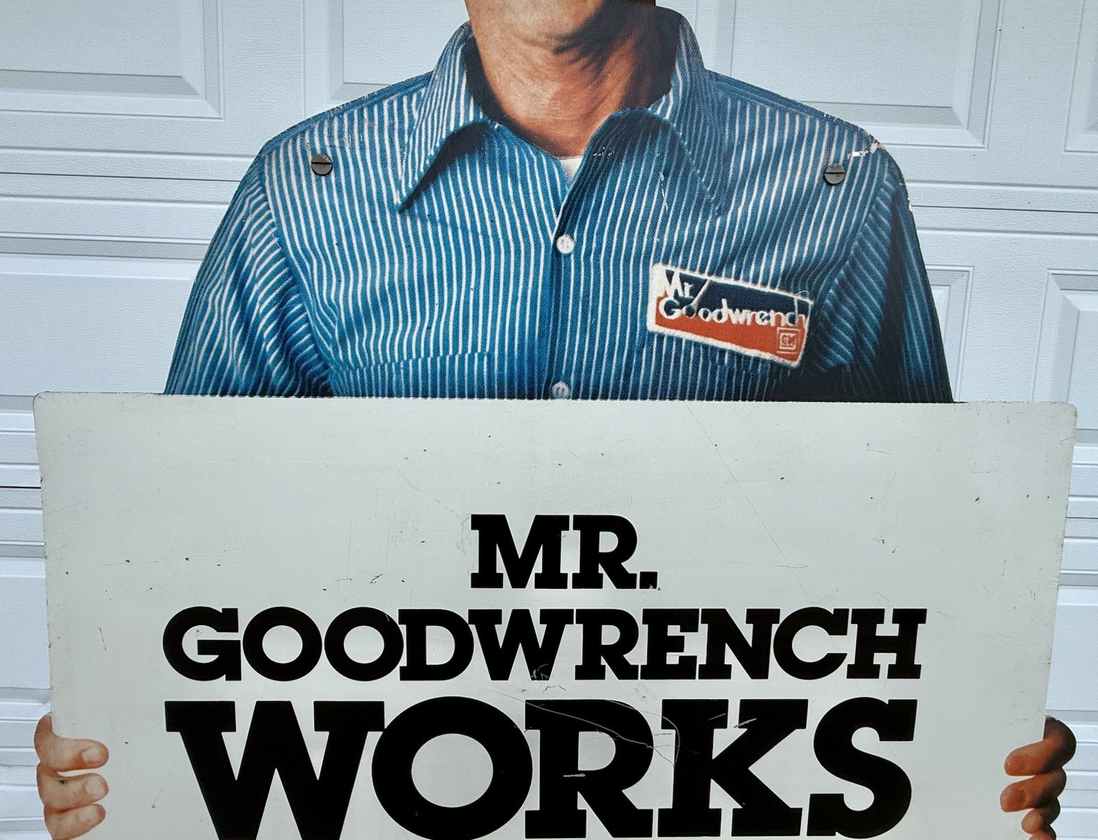 Vintage~6’ Tall Mr Goodwrench “Works Here” Metal Sign on Original Display Stand
