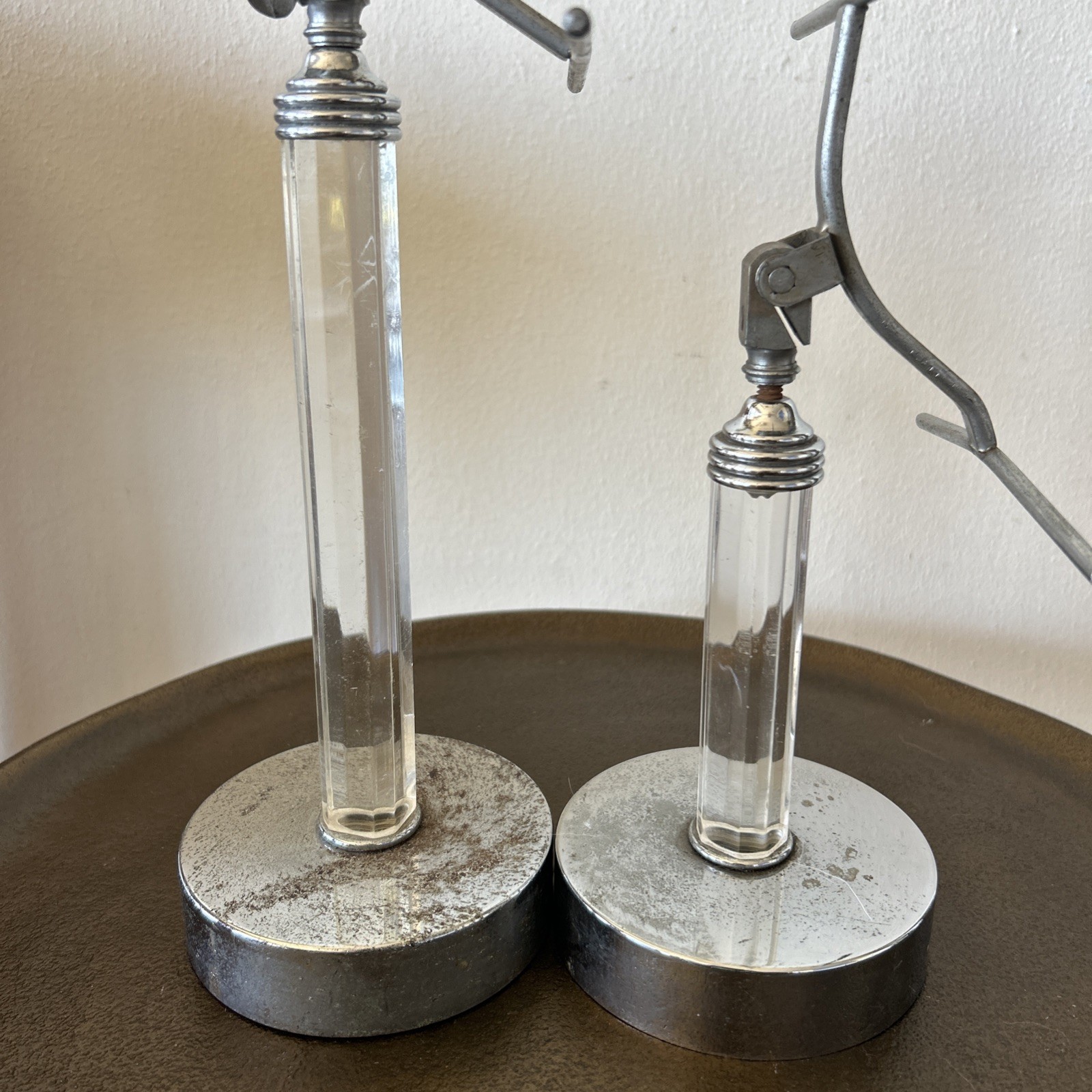 Set of 2 Vintage Shoe Display Stand Mercantile Art Deco Chrome Acrylic? AS IS