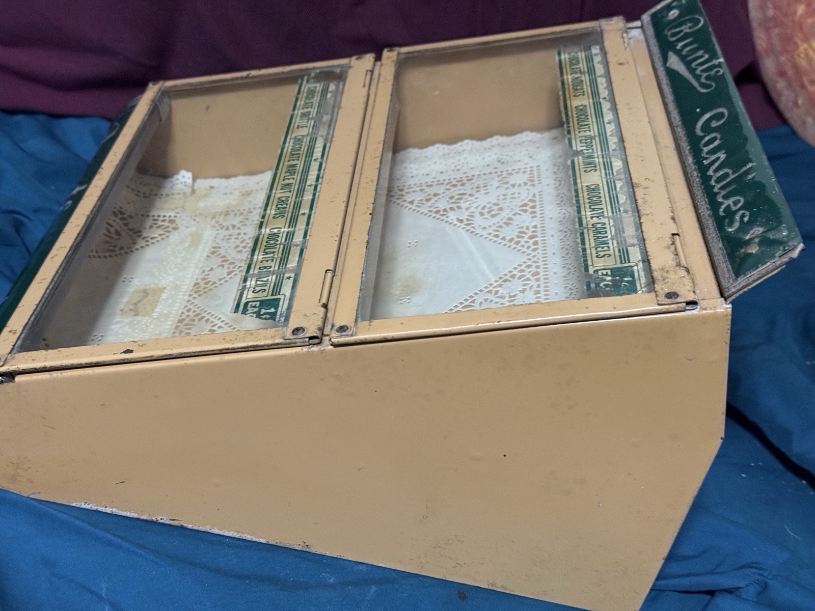 Antique BUNTE CANDY Store Display Advertising Tin/Glass GREAT CONDITION – RARE