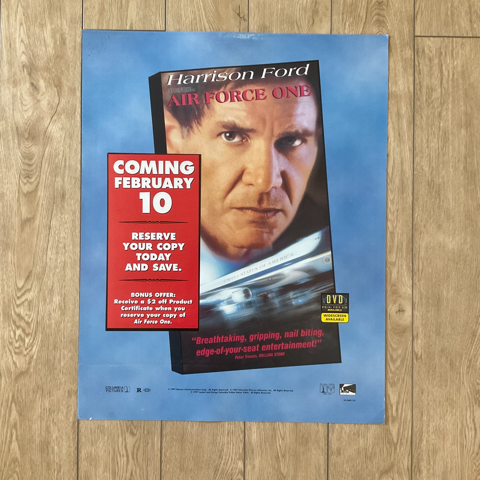 AIR FORCE ONE 1998 VHS / DVD Home Video Release Store Display Promo Sign 22×28