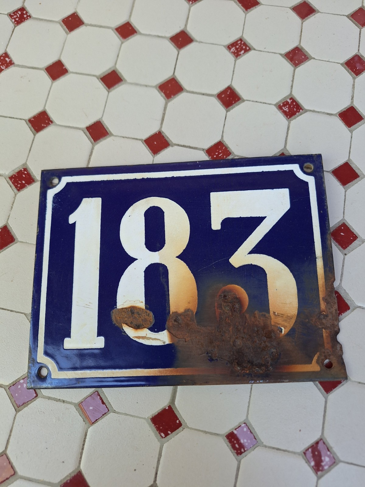 Large Antique Enameled Plaque Street Number 183 20X15cm Navy Blue Enamel