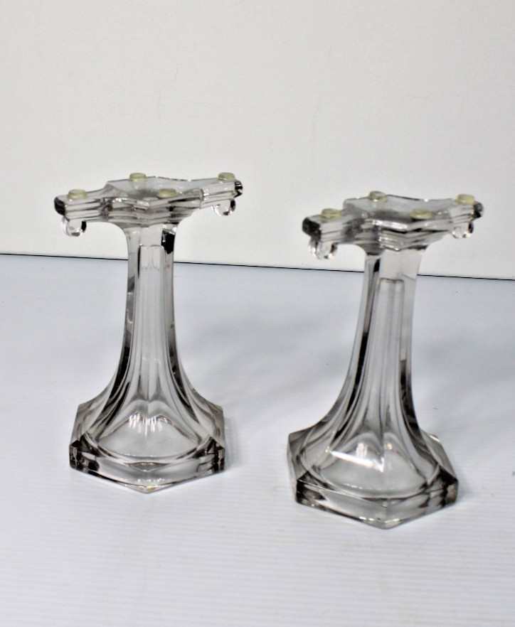 Antique Clear Glass Shelf Risers, Pedestals, Store Display Columns Pair 7-1/4″H