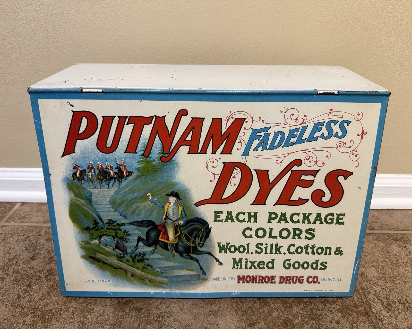 PUTNAM DYES Original Advertising Display ANTIQUE Store Metal Box Wood Dividers
