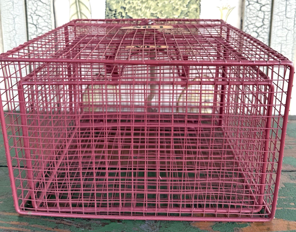 Vintage Pink Metal Wire Cage Crate Industrial Storage Display Box w Number Tags