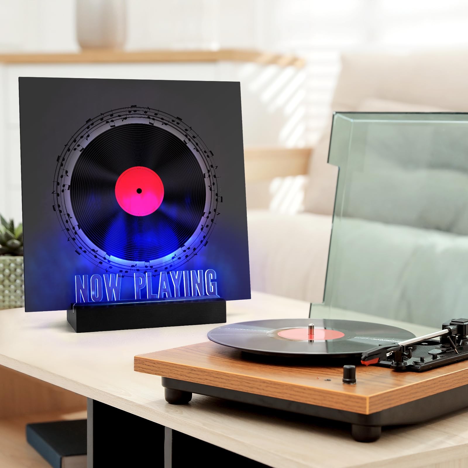Woodoulogy Now Playing Vinyl Record Stand,Light Up Wooden Album Display Black