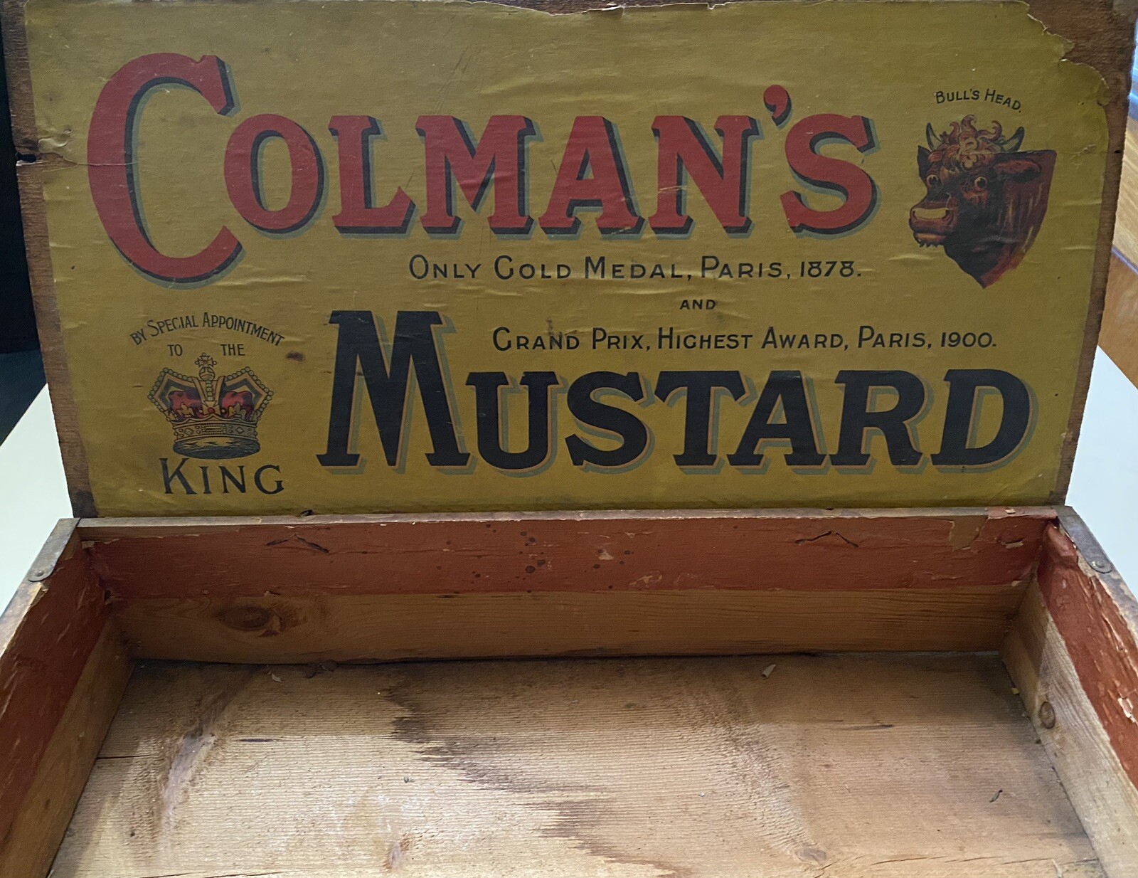 Antique Colman’s Mustard Wooden Box Shop Display Warped Lid