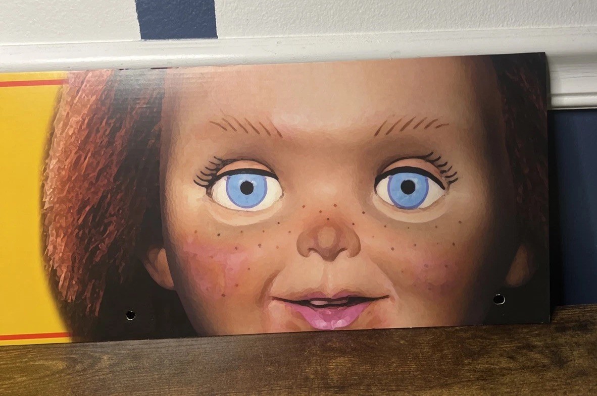 Spirit Halloween Display End Cap 24″ x 8″ Childs Play Chucky Universal Sign