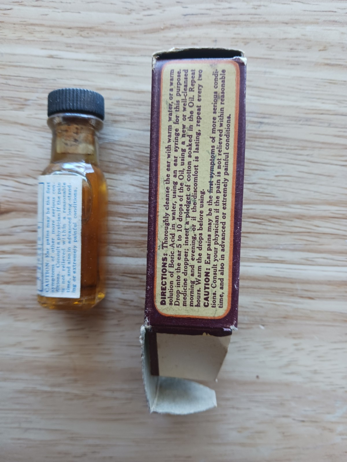 Vintage DEWITT’S OIL FOR EAR USE Bottle & Box with Promotional Advertisement.
