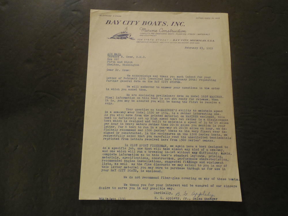 Ltr From Bay City Boats To Dr Terence Orme Feb 23 1953 Bay City System ID:42987