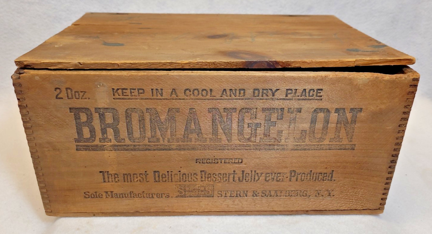 Antique Bromangelon Jelly Wooden Box Crate Stern & Saalberg Vintage Advertising