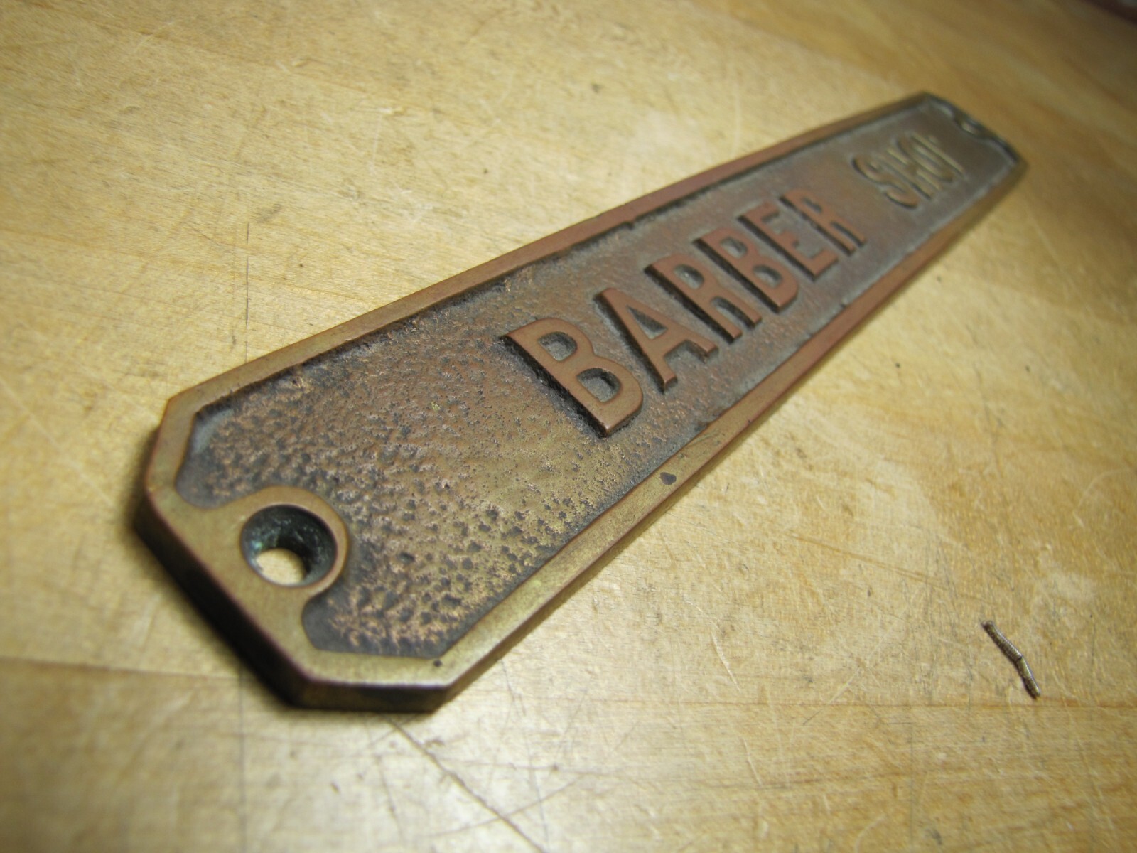 BARBER SHOP Old Embossed Store Display Advertising Sign Bronze Brass Patina