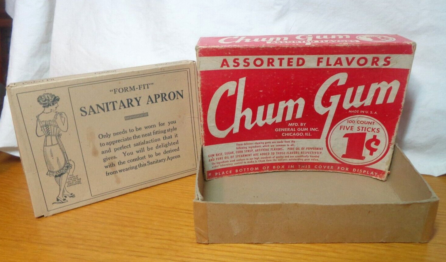 2 VINTAGE/ANTIQUE ADVERTISING BOXES CHUM GUM STORE DISPLAY & SANITARY APRON LOT