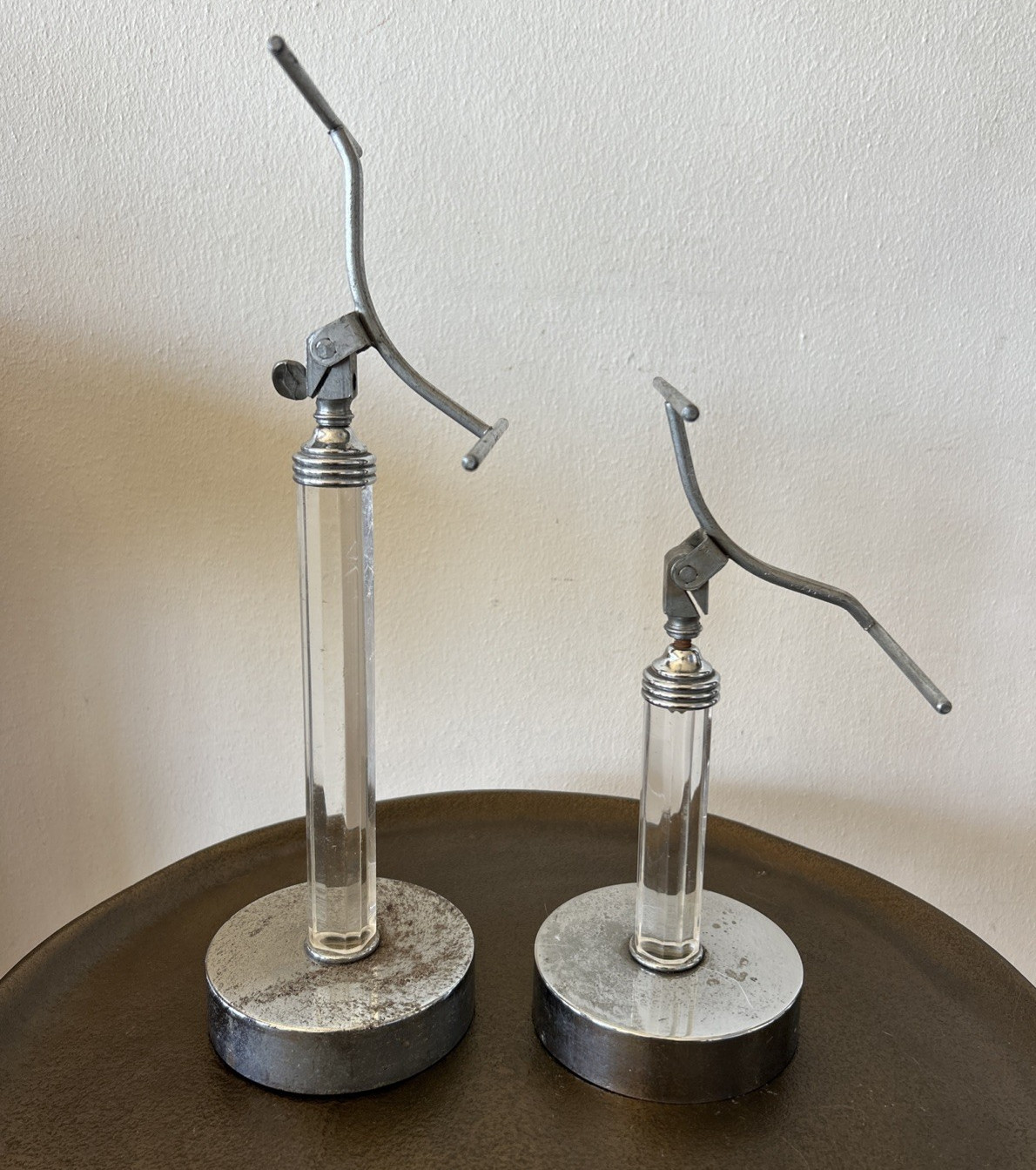 Set of 2 Vintage Shoe Display Stand Mercantile Art Deco Chrome Acrylic? AS IS