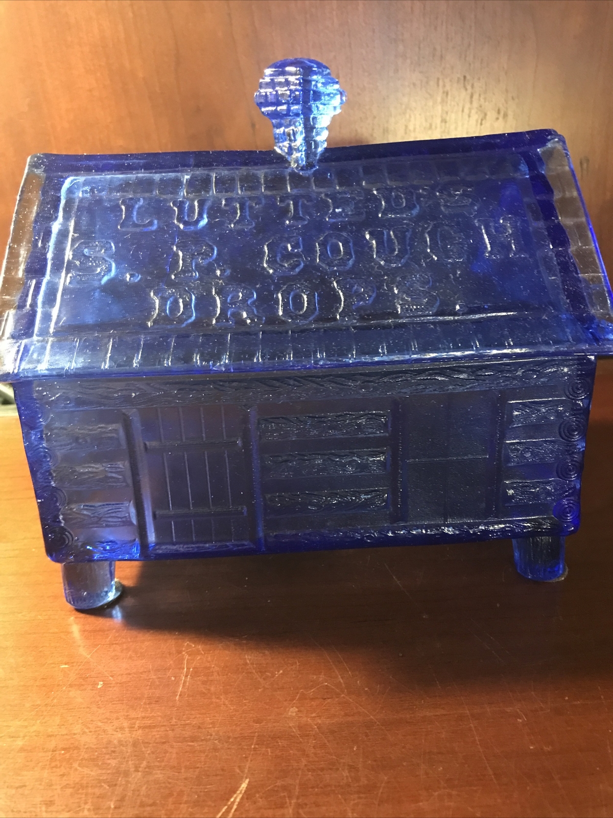 Lutted’s S.P. Couph Drops Cobalt Blue Glass Log Cabin Candy Dish Vintage