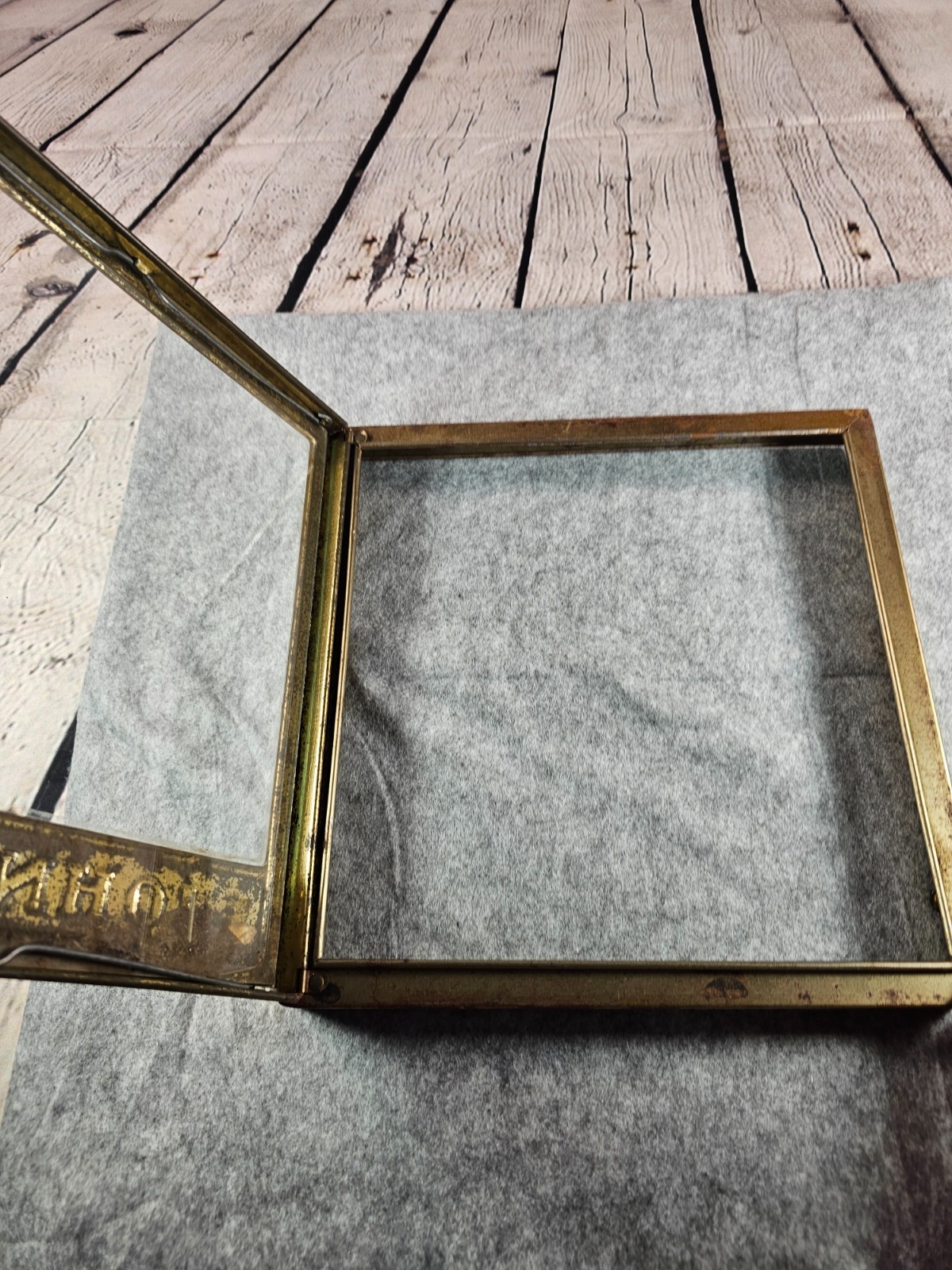VTG Johnston’s Chocolates Candy Store Display Case Lid Hinge Glass Tin Sign Gold