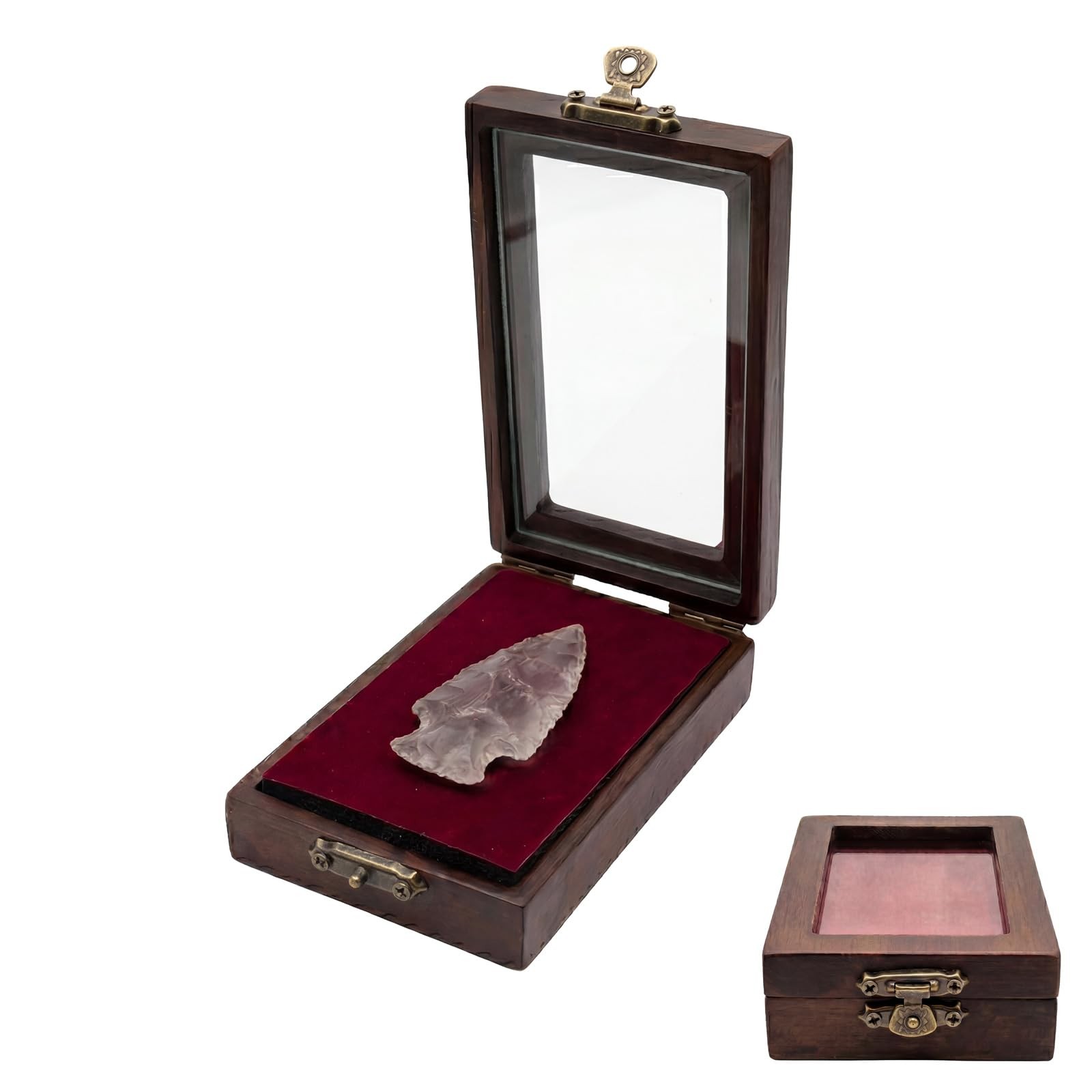 Arrowhead Display Case: Small Wood Shadow Box Cabinet with Glass, Brown