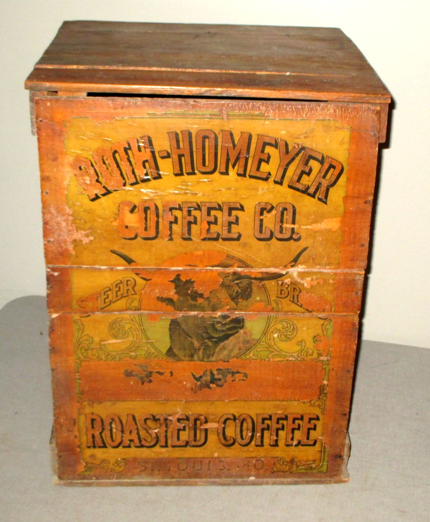 1890 ANTIQUE GENERAL STORE-COFFEE BOX-21″ROTH-HOMEYER-STEER BRAND-ST LOUIS,MO