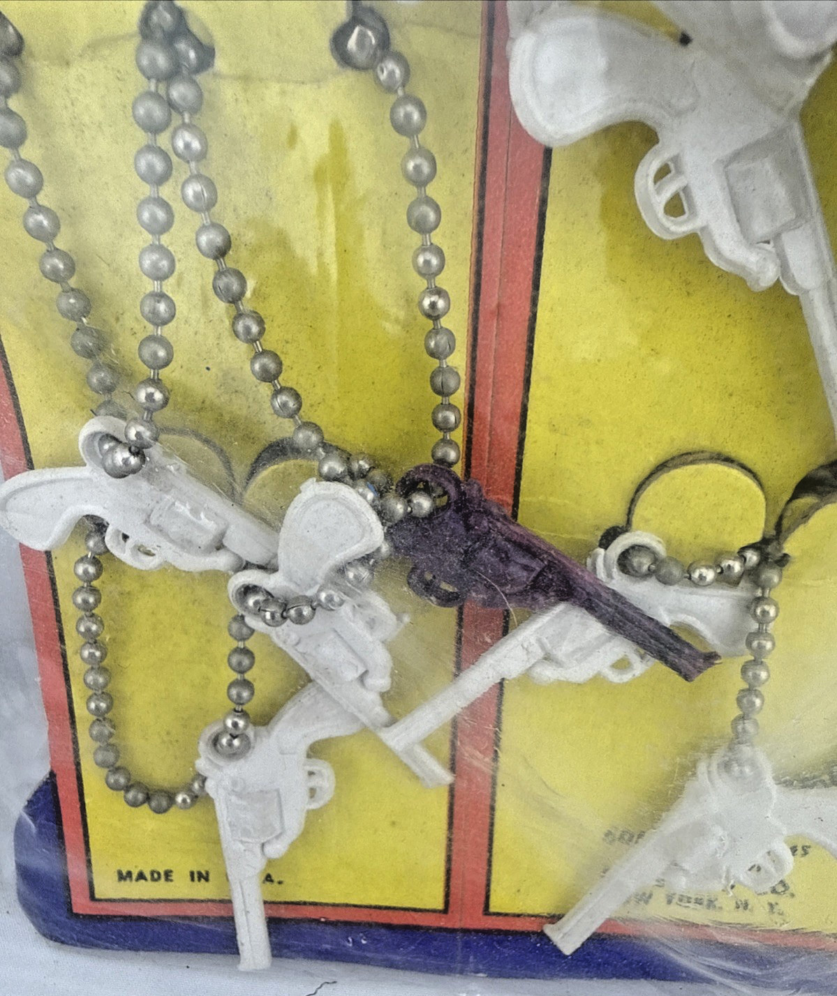 Vtg Lucky Charm Key Chain Plastic White Brown Pistol Guns Original Display of 24
