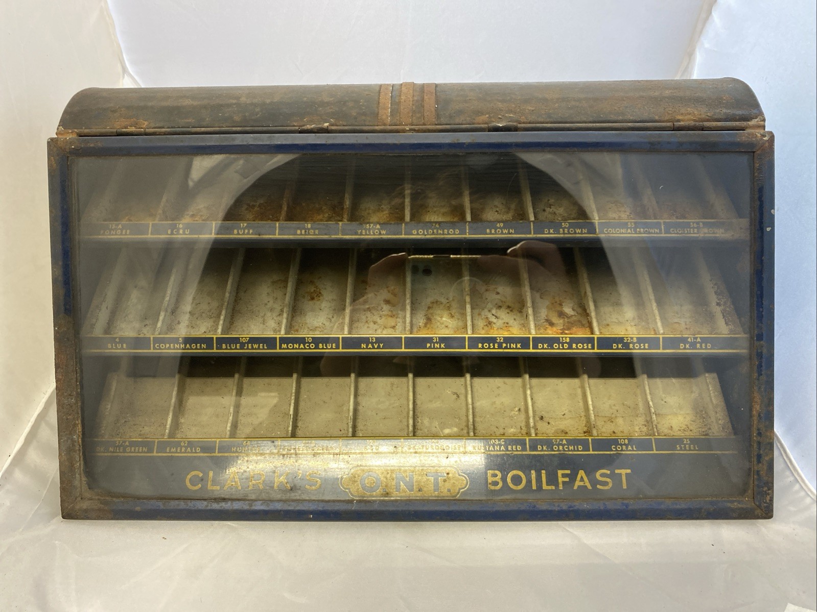 Vintage Clark’s O.N.T. Boilfast Thread Countertop Cabinet Lifting Glass Display