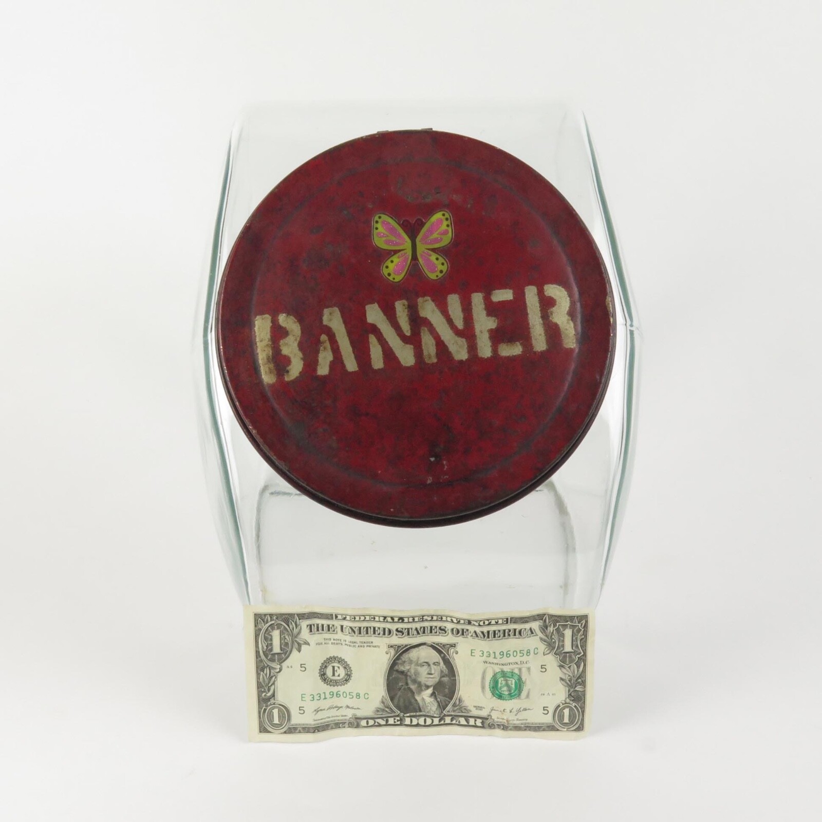 Vintage General Store Jar Banner Peanut Glass Counter Canister