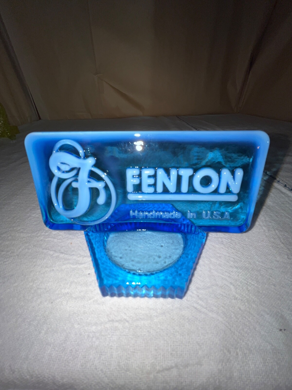 Fenton Blue Opalescent Dealer Sign-Vtg-Late 20th Century-Art Glass-USA