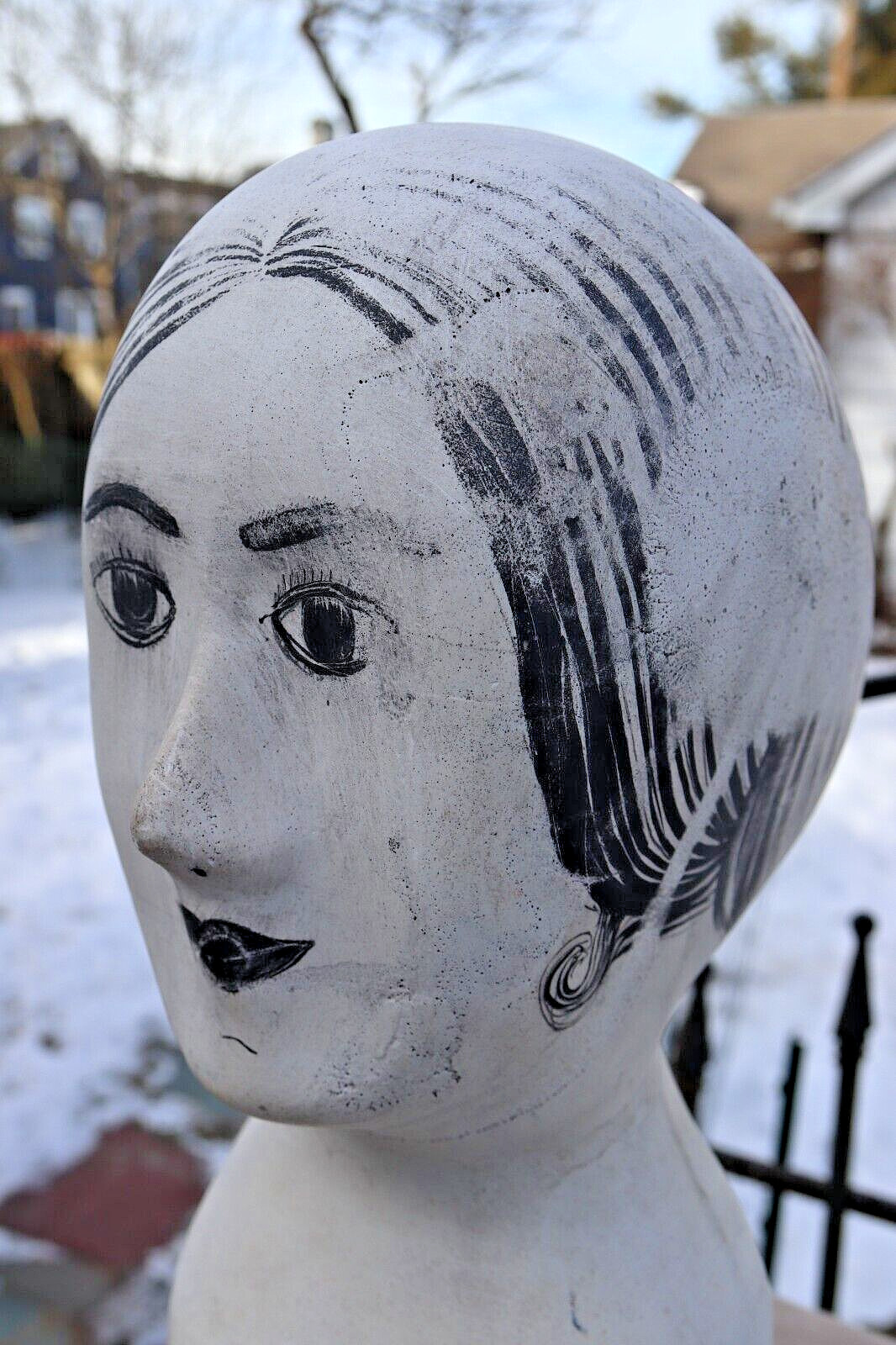 ANTIQUE HAND PAINTED MILLINERY HEAD Plaster Store Display Primitive Hat Mannequi