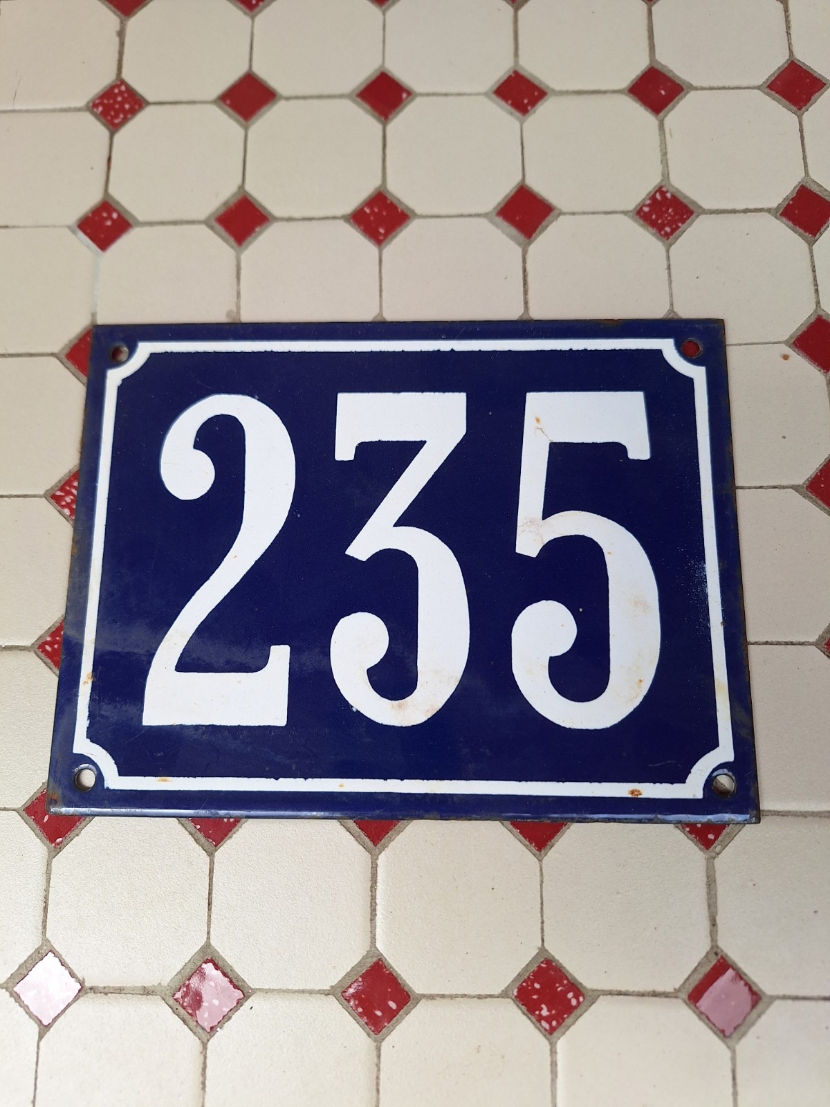 Large Antique Enameled Plaque Street Number 235 20X15cm Navy Blue Enamel