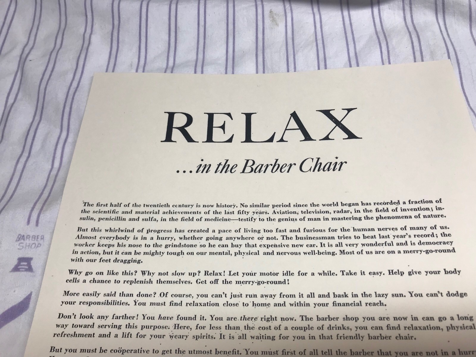 1950’s Barbershop Barber Chair “RELAX IN THE BARBER CHAIR” Sign Ad