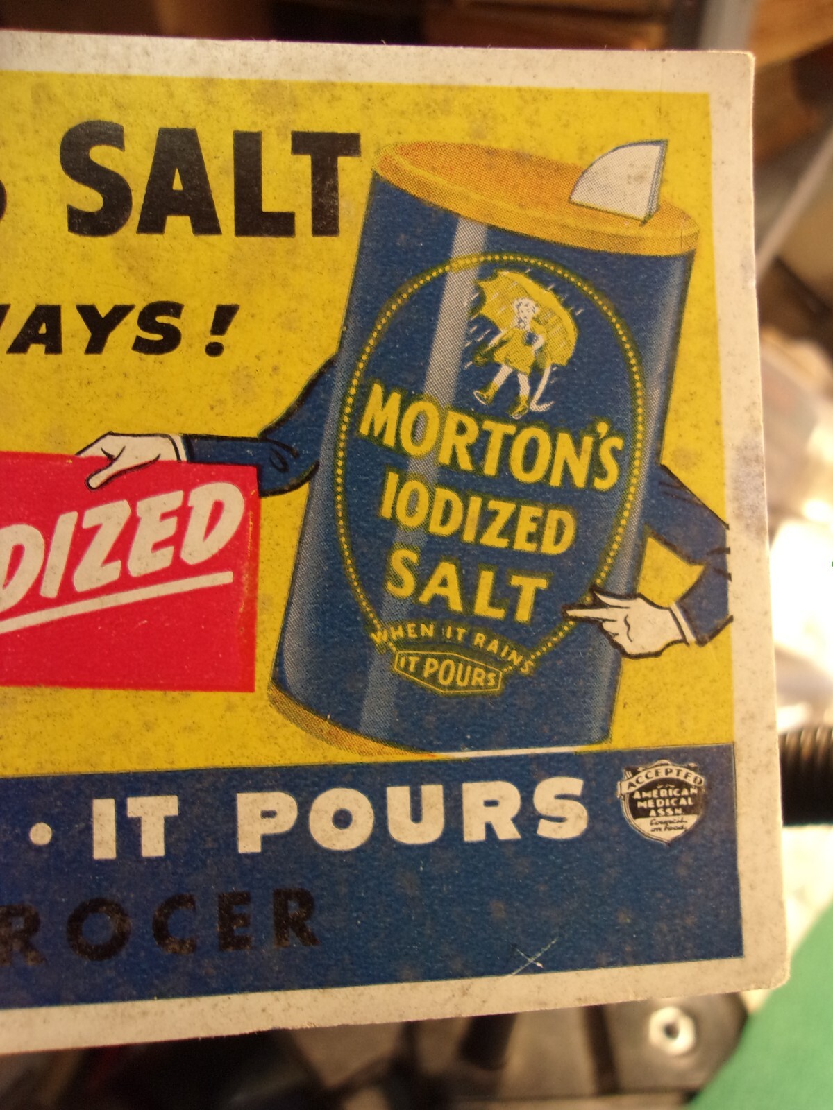 RARE OLD VTG ANTIQUE 1930s? STORE DISPLAY CARD: MORTON’S SALT, COMES IN 2 WAYS!