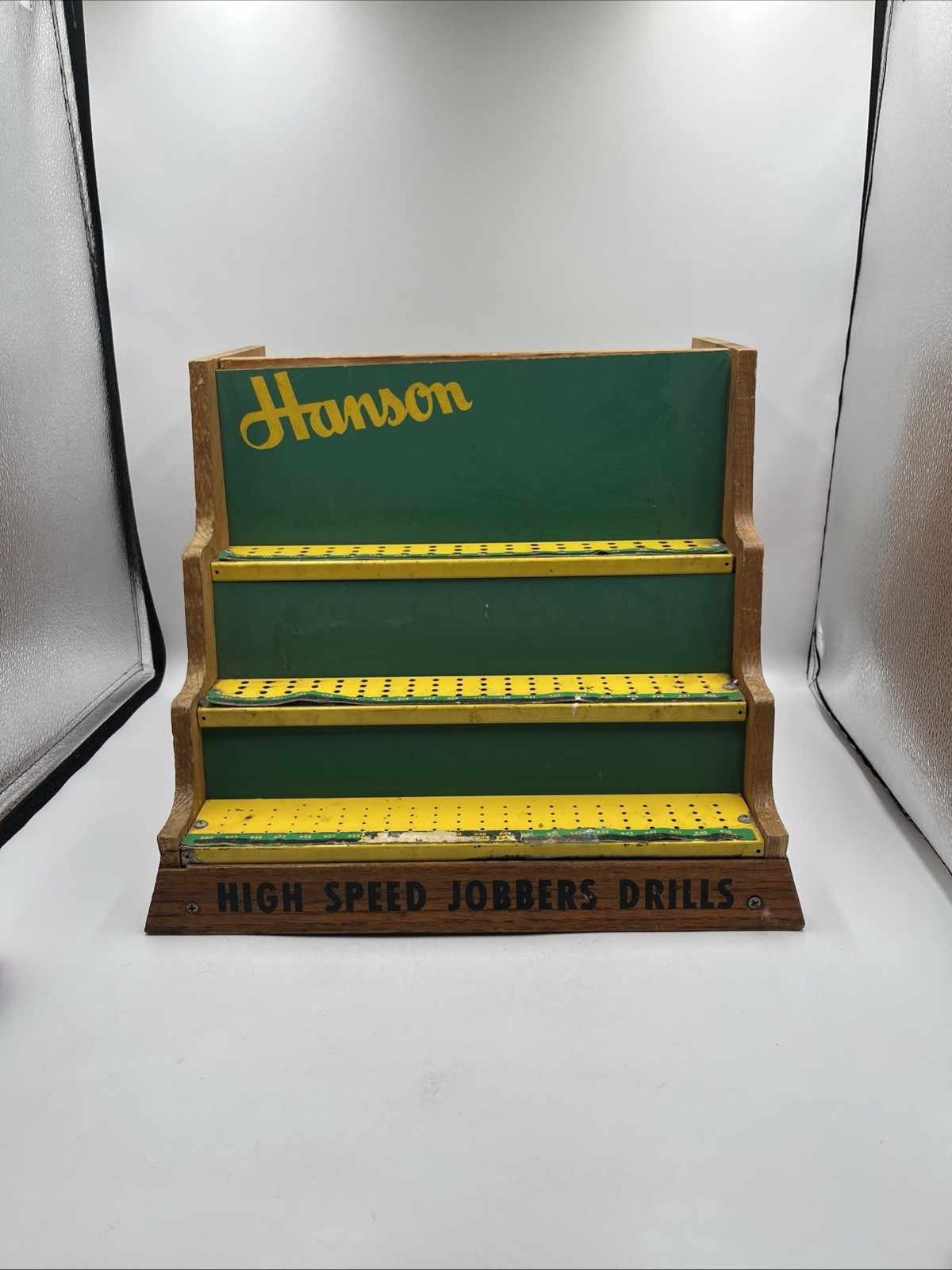 Vintage Oak Wood Hardware Store Display Hanson HIGH SPEED JOBBERS DRILLS SEE