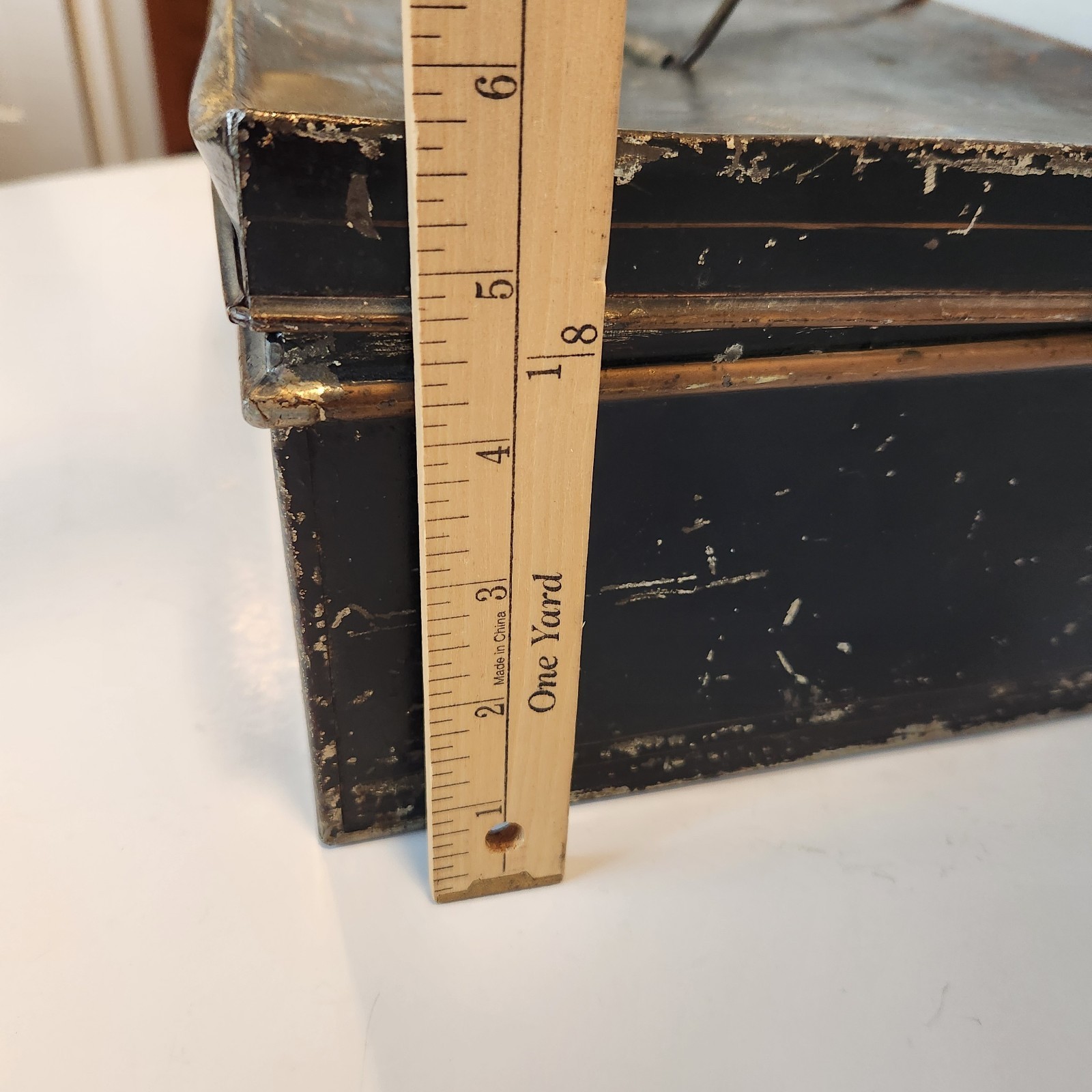 Antique Safe Metal Cash Money Box Black Locking w/Key Gold Scrollwork Distressed