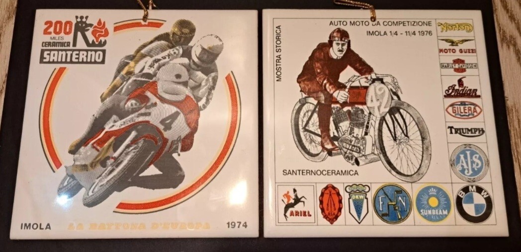 PAIR DECORATIVE CERAMIC TILES-IMOLA 70s-motorcycle motorcycling brand-old