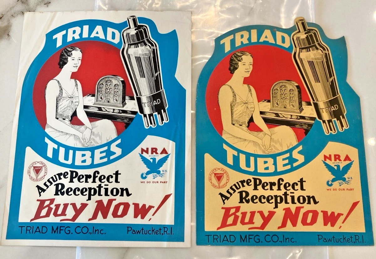 Vintage 1933–1935 Triad Radio Tubes Advertising Pair Counter Display & Ad Sheet